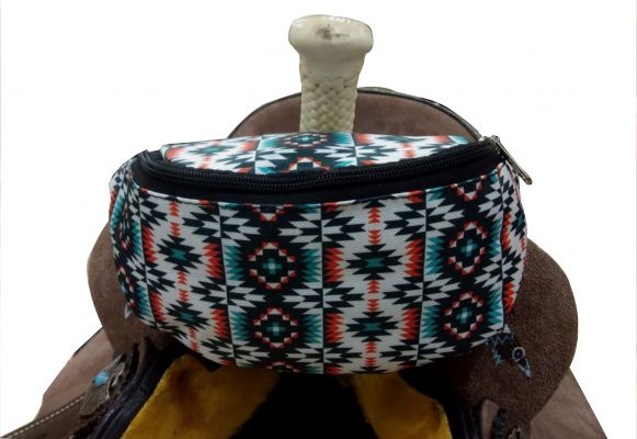 Showman Aztec Print Insulated Nylon Saddle Pouch. - White, peach, and teal